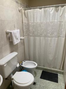 ein Badezimmer mit Toilette und Duschvorhang in der Unterkunft Complejo Gago DTO 1 in Puerto Madryn