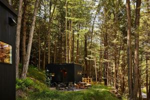 MoodusPostcard Cabins Machimoodus, Outdoor Collection by Marriott Bonvoy的树林中的小屋,配有桌椅