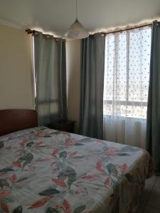 a bedroom with a bed and a window with curtains at Apartamento amoblado de 3 dormitorios con parking incluido in Arica
