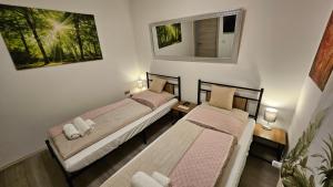 2 camas individuales en una habitación con espejo en Schatteneck, en Dinkelsbühl