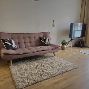 a brown couch in a living room with a television at Uusi tyylikäs asunto ydinkeskustassa in Lappeenranta
