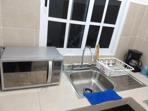 un comptoir de cuisine avec un évier et un micro-ondes dans l'établissement Villa Regina en Villas Camino Real cerca de las dunas de Chachalacas, à Ursulo Galván 48 autres photos