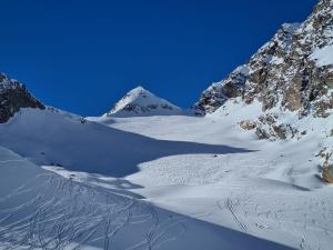 une montagne enneigée avec une ombre dessus dans l'établissement Panorama Wildgrat, à Wenns