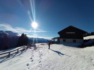 une personne debout au sommet d'une pente enneigée dans l'établissement Panorama Wildgrat, à Wenns