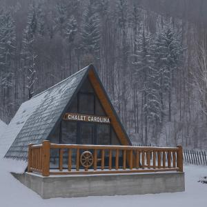 a building with a snow covered roof with a wooden fence at Chalet Carolina in Padeş