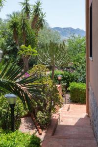 a garden with palm trees and a brick walkway at Villa Soliva - Mare e Panorama Unico in Mondello