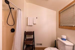 a bathroom with a shower curtain and a toilet at Parkway Hideout in Boone +31 photos