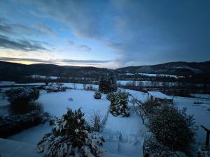 a field covered in snow with trees and mountains at Ferienhaus EifelOne in Heimbach