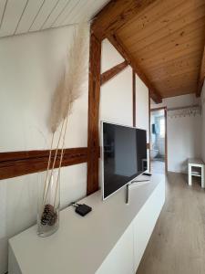 a living room with a flat screen tv on a wall at Home of well-being for everyday life in Bissegg