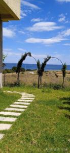 a pathway with palm trees in a field with the ocean at Appartement azla plage in Oulad Akkou