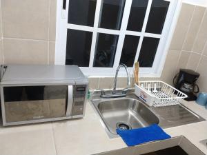 un comptoir de cuisine avec un évier et un micro-ondes dans l'établissement Villa Cristina en Villas Camino Real cerca de las dunas de Chachalacas, à Ursulo Galván 56 autres photos