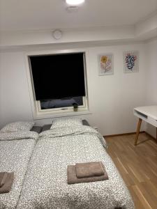 a bedroom with a large bed and a large window at Cozy Aurora View Apartments - Entire 3-Bedroom Fully Furnished Near City Centre in Tromsø