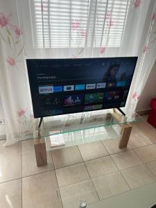 une grande télévision à écran plat assise sur une table en verre dans l'établissement Wohlfühl-Apartment mit viel Privatsphäre und Komfort, à Delmenhorst