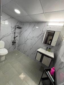 a bathroom with a toilet and a sink at Studio in Ajman Corniche in Ajman 