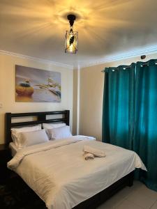 a bedroom with a large bed with a blue curtain at Vane luxury Homes in Kisii