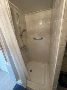 ein Bad mit Dusche und Duschvorhang in der Unterkunft LE COCON - Calme et Ressourcement in Rouffach