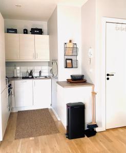 a kitchen with white cabinets and a trash can at Refined and Ultra-Central Apartment Studio in Oslo +13 photos