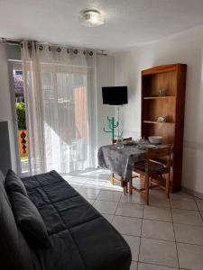 Lys des Pyrénées في آكس ليه تيرم: غرفة معيشة بها طاولة وأريكة