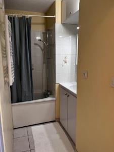 Lys des Pyrénées في آكس ليه تيرم: حمام مع دش وحوض استحمام ومغسلة