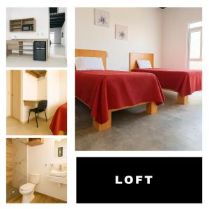 a collage of photos of a room with a bed and the words loft at EDISÓN 81 Unidades de renta habitacional in Morelia