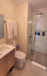 une salle de bain avec une douche, des toilettes et un lavabo dans l'établissement Residential Boca del Mar Tower III Apart 802, à Boca Chica
