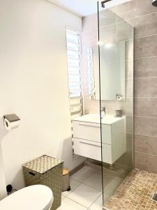 a bathroom with a toilet and a glass shower at Studio - Résidence avec piscine in Sainte-Anne +9 photos
