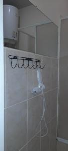 ein Spiegel mit einem Haartrockner an der Wand in der Unterkunft Petrovka in Dnipro