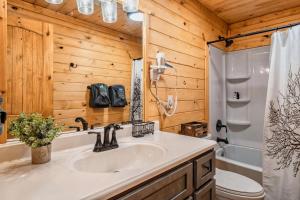 a bathroom with a sink and a shower and a toilet at 3 Bed2 King4 Singlegame Rmhot Tbdog Friendly in Waldens Creek +25 photos