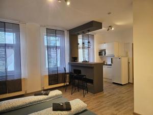 a living room with a kitchen and a room with a kitchen at Ganze Ferienwohnung - Apartment to rent in Hohenstein-Ernstthal
