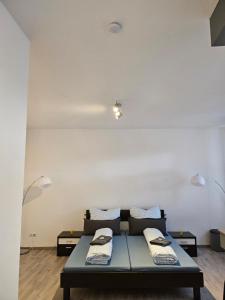 Una sala de estar con un sofá y dos lámparas. en Ganze Ferienwohnung - Apartment to rent, en Hohenstein-Ernstthal
