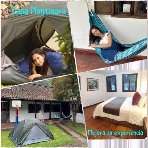 a collage of pictures of a woman sleeping in a hammock at casa Montisora in Baños