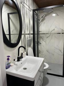 een badkamer met een wastafel en een spiegel en een douche bij Sefaa Otel in Sultanahmet