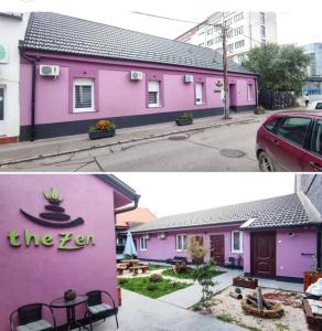 a pink building with a sign on it at Zen 6 deluxe room in Zrenjanin +2 photos