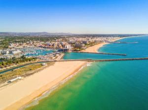 una vista aérea de una playa y el océano en Maxwell Apartments Quarteira, en Quarteira 1 foto más