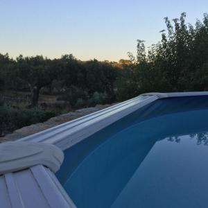 Una piscina azul con árboles al fondo. en Flor da Ramila, en Marvão