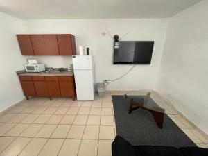 a small kitchen with a refrigerator and a tv at Cozy Basic Apartment in Levittown in Levittown +4 photos