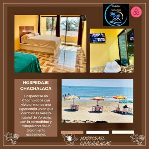 a collage of photos of a hotel room with a beach at Hospedaje chachalacas in Chachalacas