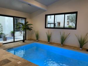 a large blue swimming pool in a room with potted plants at Cosy studio 2 personnes in Varennes Vauzelles