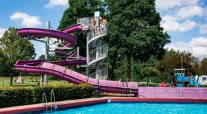a purple water slide in a park with a pool at Stelle plas231 Chalet 4 personen in Heinkensand