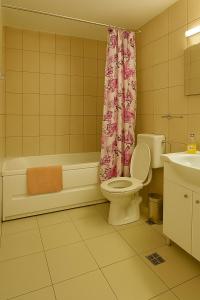 a bathroom with a toilet and a tub and a sink at Apartament,4 paturi, 2 dormitoare,Living cu bucatarie in Sibiu