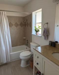 a bathroom with a toilet and a tub and a sink at Peaceful cottage in San Antonio +7 photos