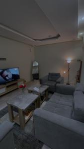 a living room with two couches and a tv at A very classy and private apartment in Al Madinah +7 photos