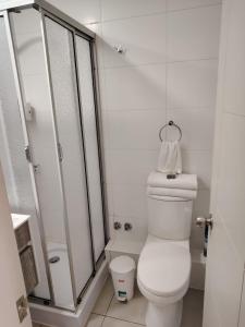 a white bathroom with a toilet and a shower at Depto Estudio Full equipado con Estacionamiento in Concepción