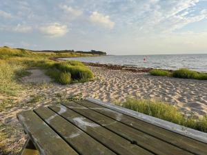 a wooden bench sitting on a beach next to the water at 3 person holiday home in Tranekær in Tranekær