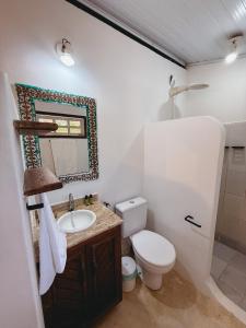une salle de bain avec toilettes, lavabo et miroir dans l'établissement Pousada Canto da Reg, à Santa Cruz Cabrália