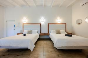 two beds in a room with white walls at Serenity Rincon Guesthouse in Rincon +44 photos