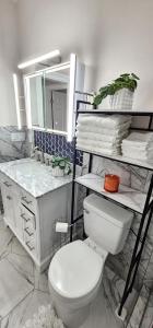 a bathroom with a toilet and a sink and a mirror at The Cozy Comfort in Burien