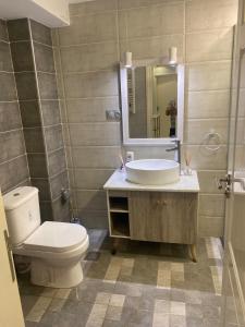 a bathroom with a toilet and a sink and a mirror at Beautiful quiet apartment in El Harrach