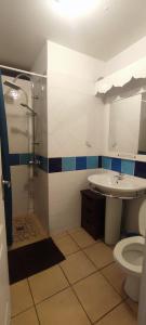 a bathroom with a shower and a sink and a toilet at Kaz a Felicia-Villa avec piscine privée et vue mer in Petit-Bourg
