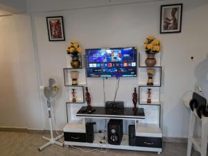 a living room with a flat screen tv on a shelf at Pineapple Apartments in Jinja